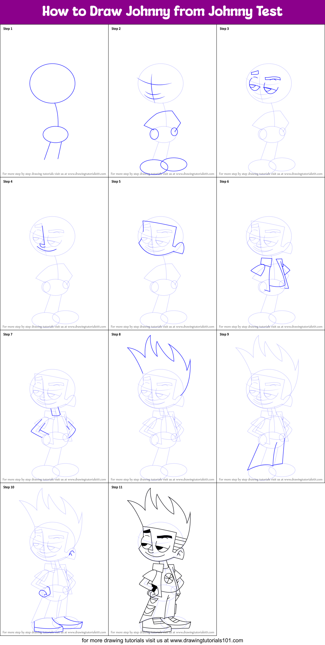 How to Draw Johnny from Johnny Test printable step by step drawing