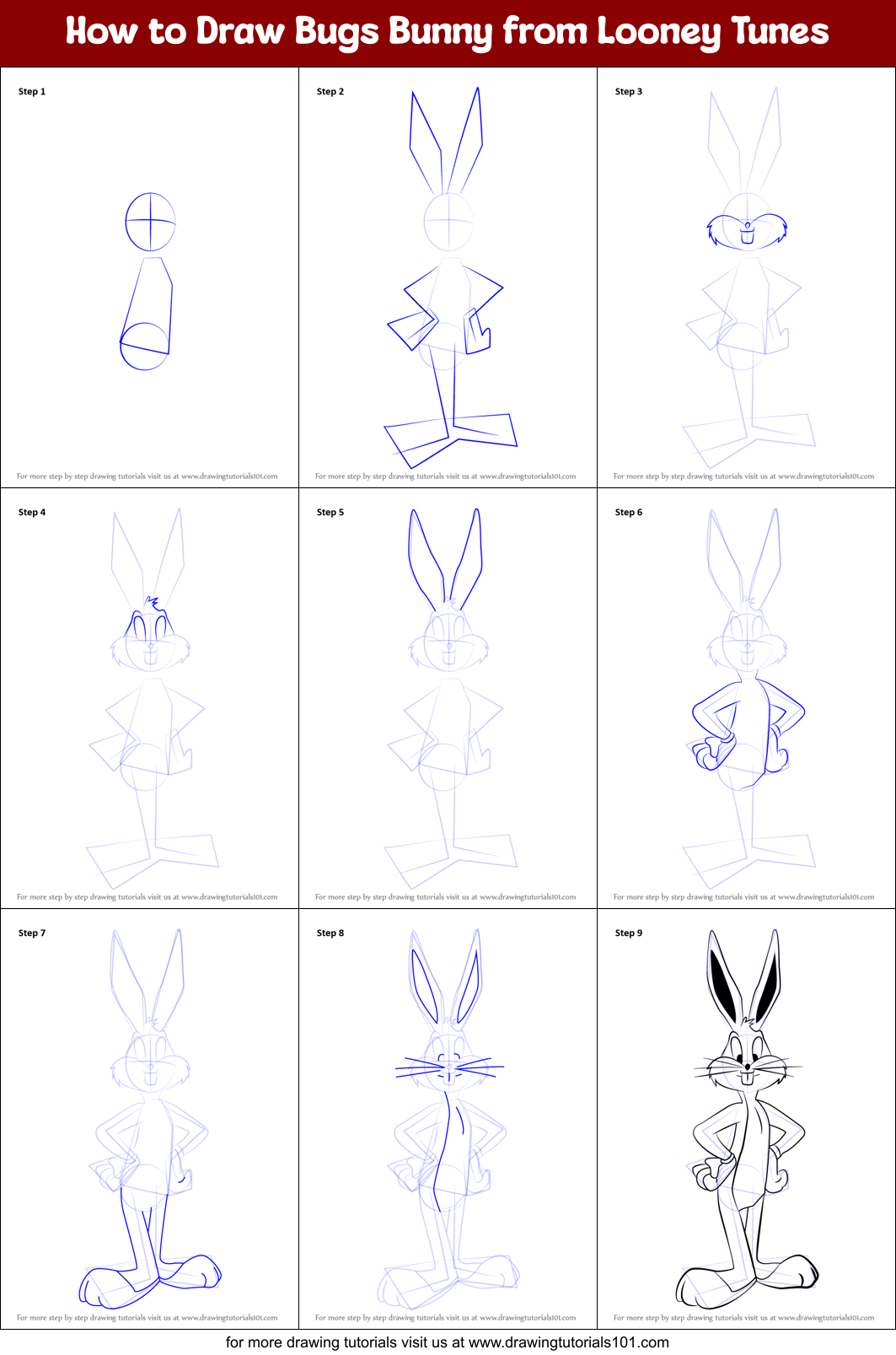 How to Draw Bugs Bunny from Looney Tunes printable step by step drawing