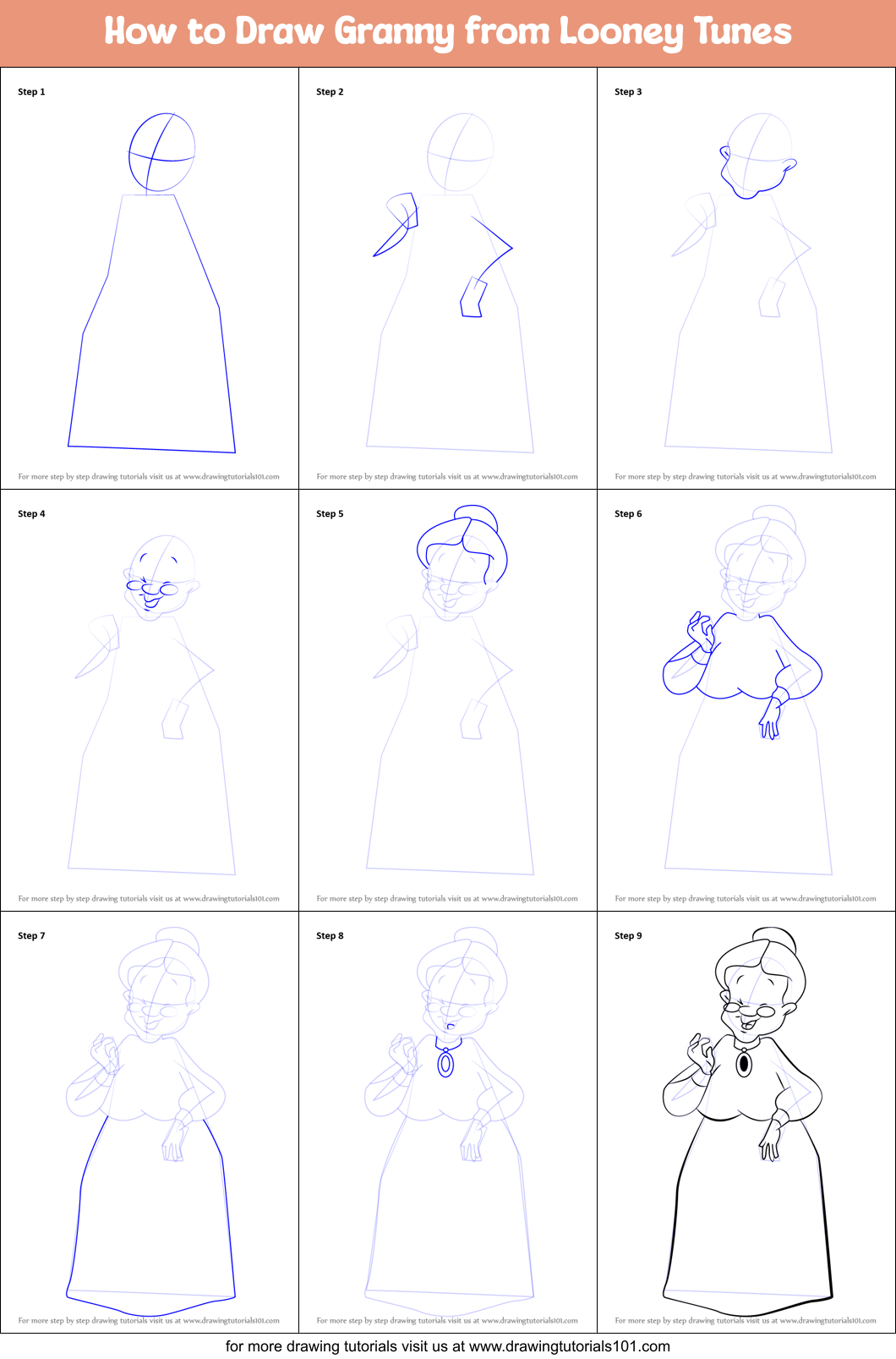 How to Draw Granny from Looney Tunes printable step by step drawing