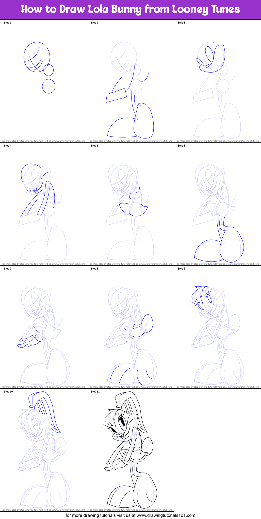 How to Draw Lola Bunny from Looney Tunes printable step by step drawing