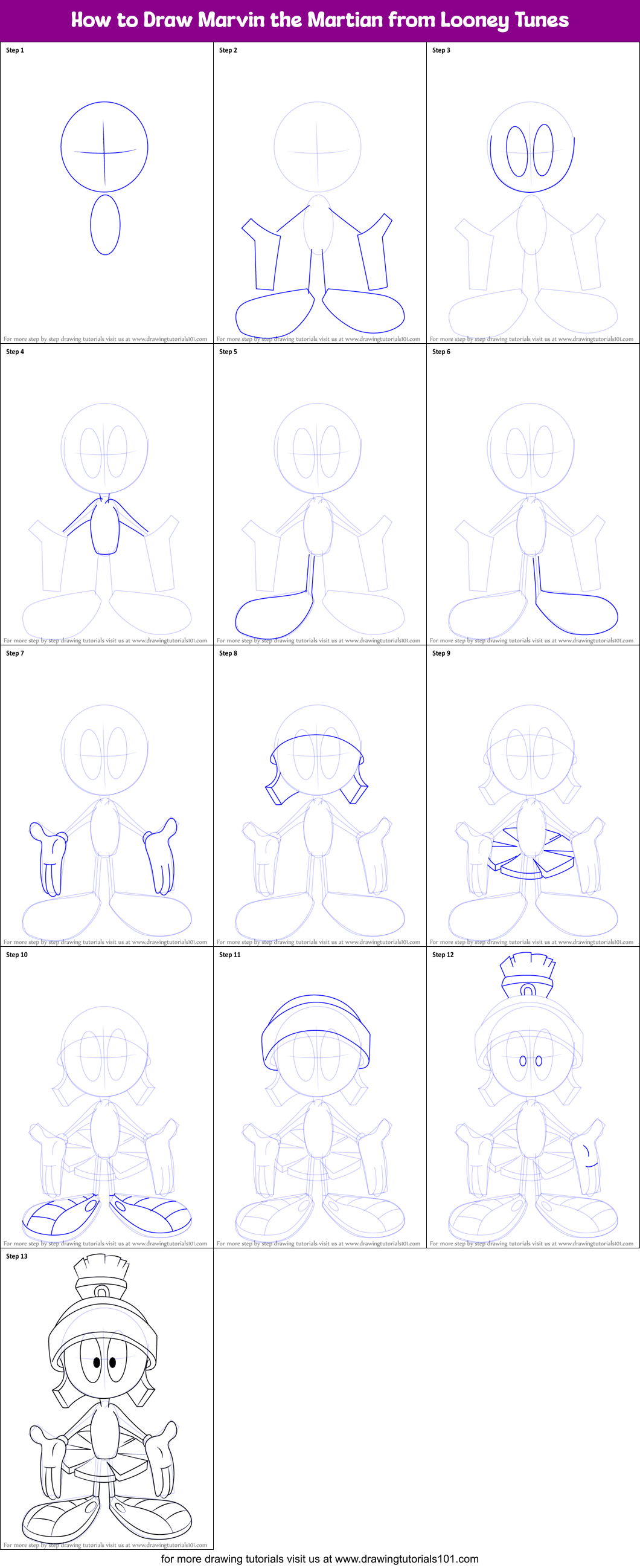 How to Draw Marvin the Martian from Looney Tunes printable ...