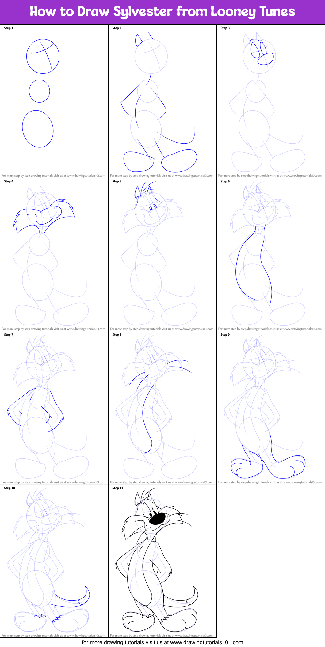 How to Draw Sylvester from Looney Tunes printable step by step drawing