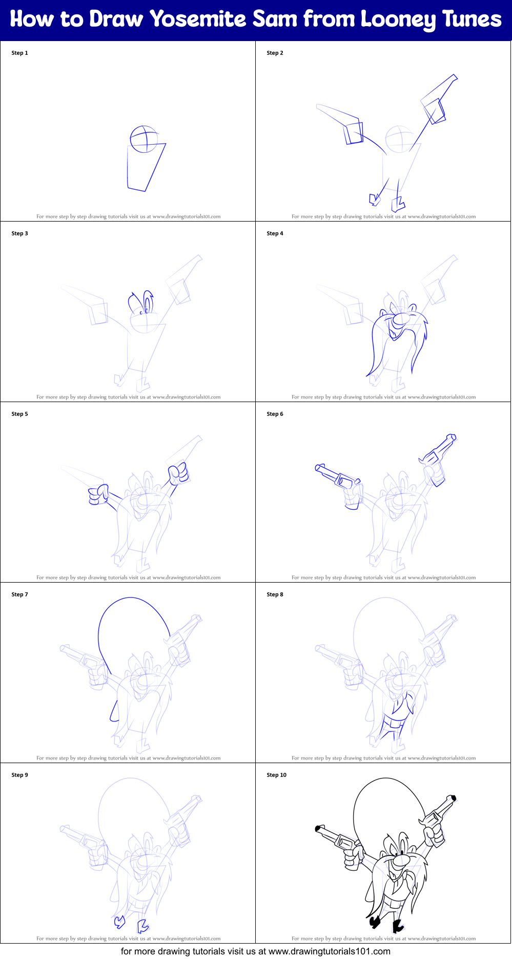 How to Draw Yosemite Sam from Looney Tunes printable step by step