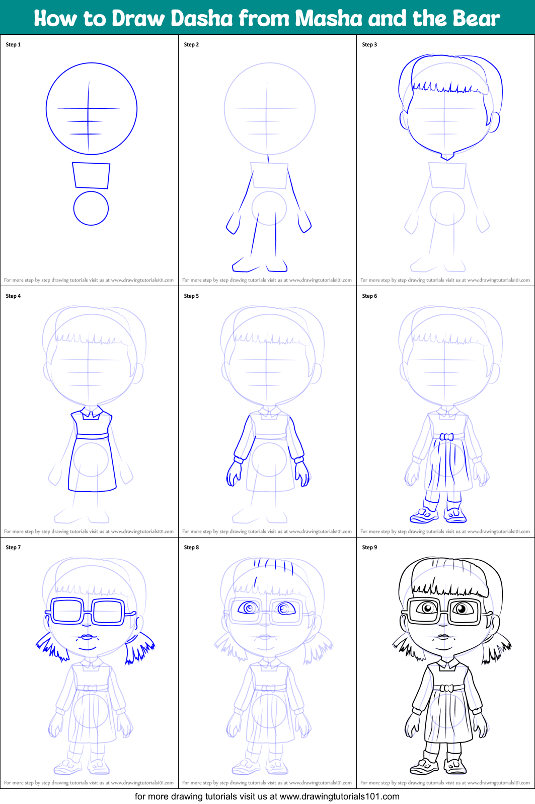 How to Draw Dasha from Masha and the Bear printable step by step ...