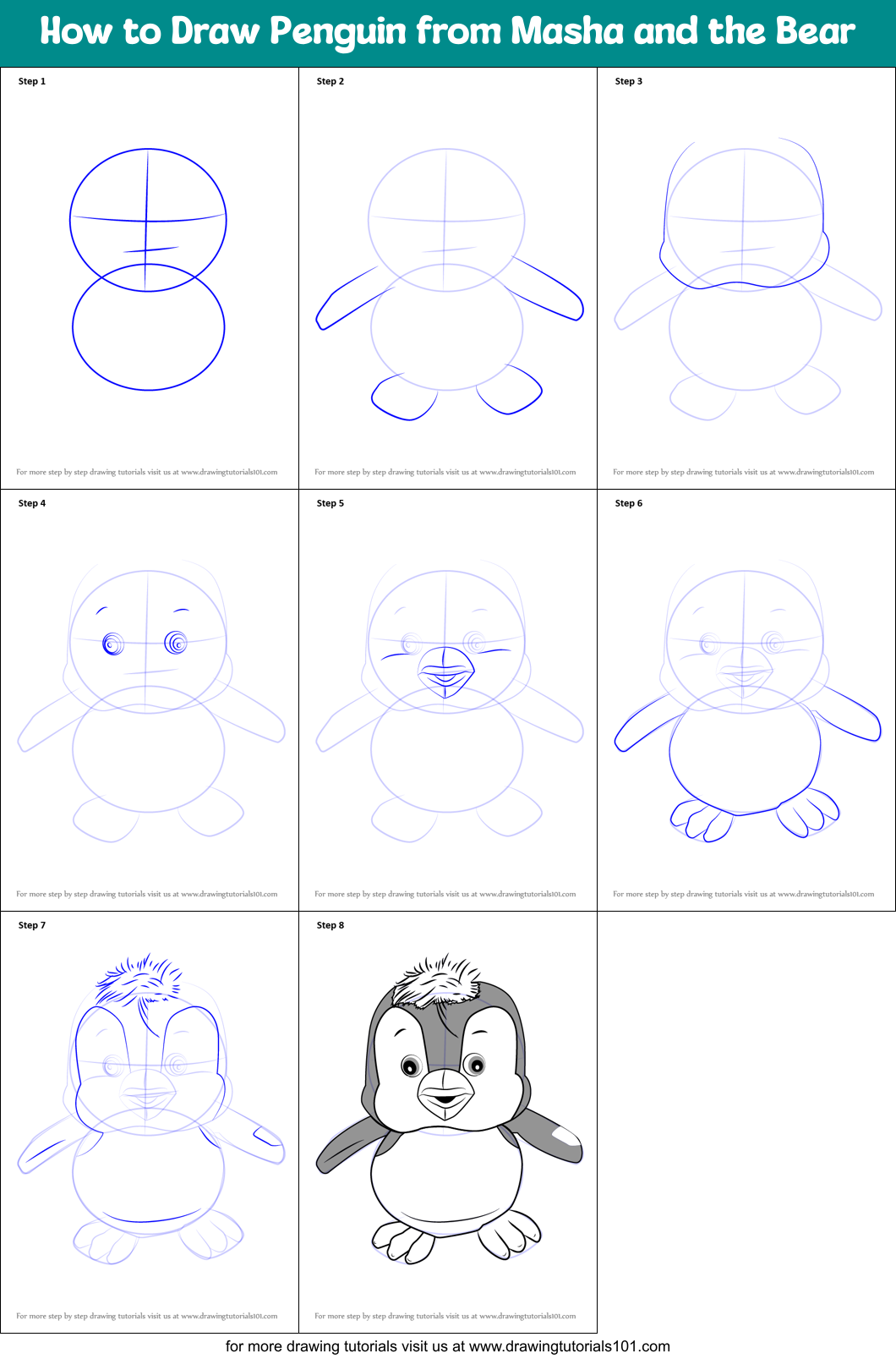 How to Draw Penguin from Masha and the Bear printable step by step ...