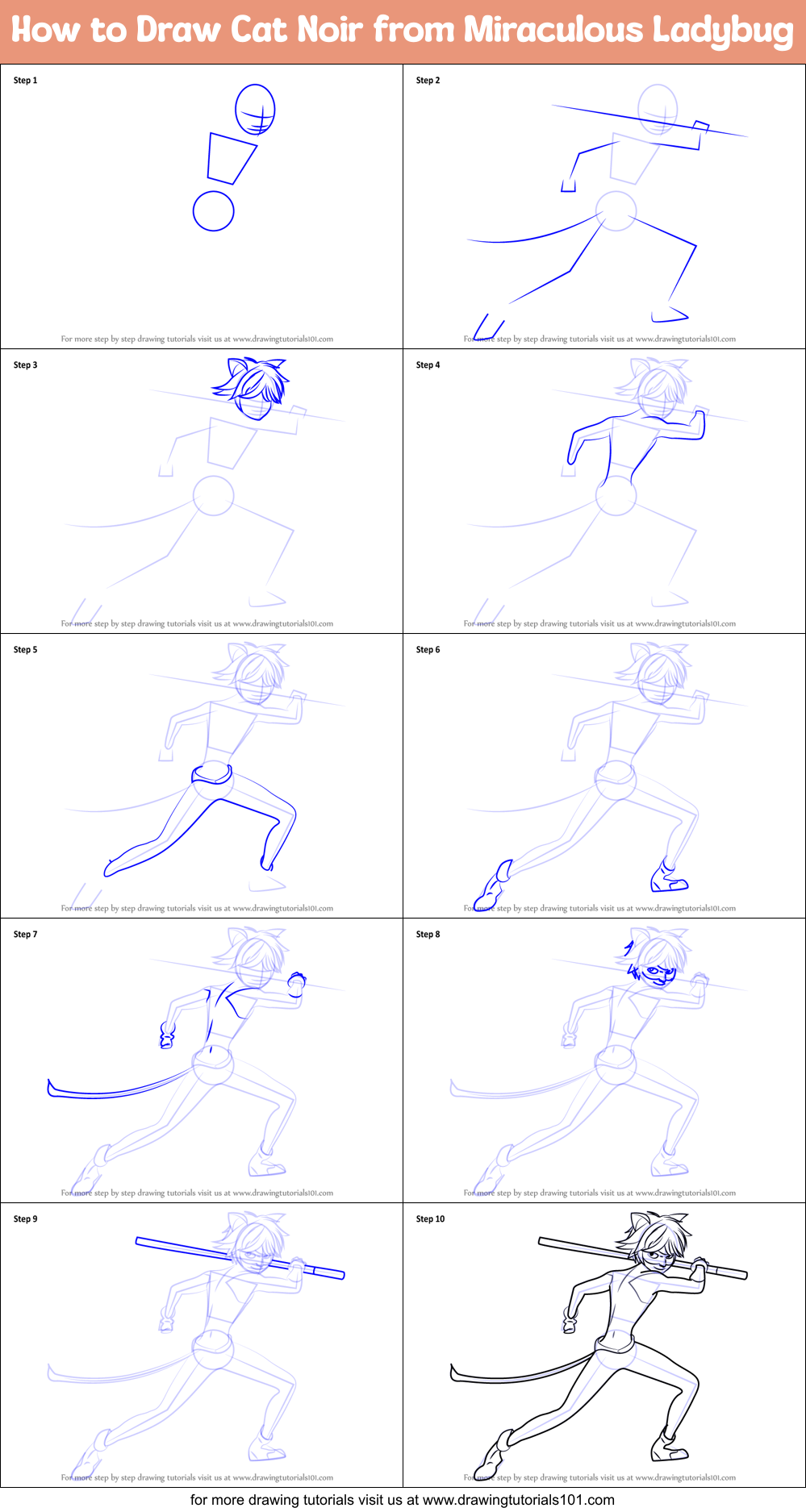 How to Draw Cat Noir from Miraculous Ladybug printable step by step