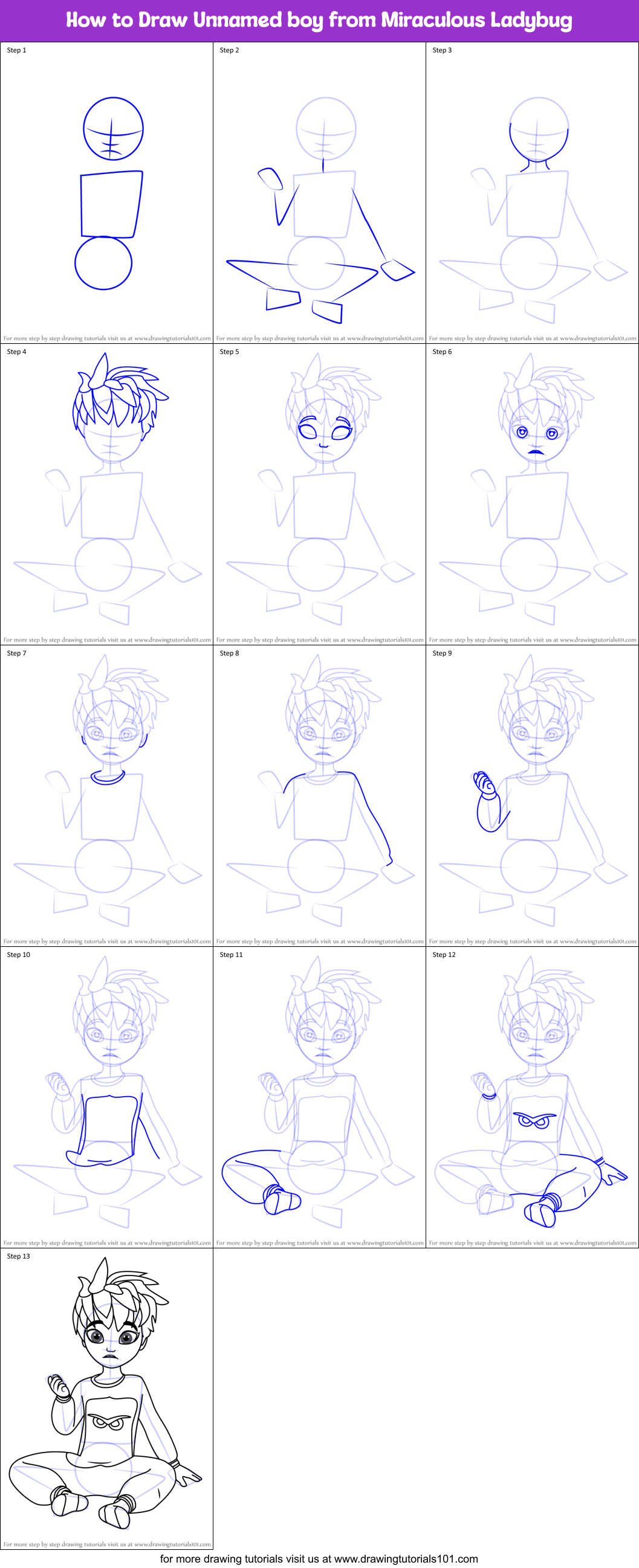 How to Draw Unnamed boy from Miraculous Ladybug printable step by step ...