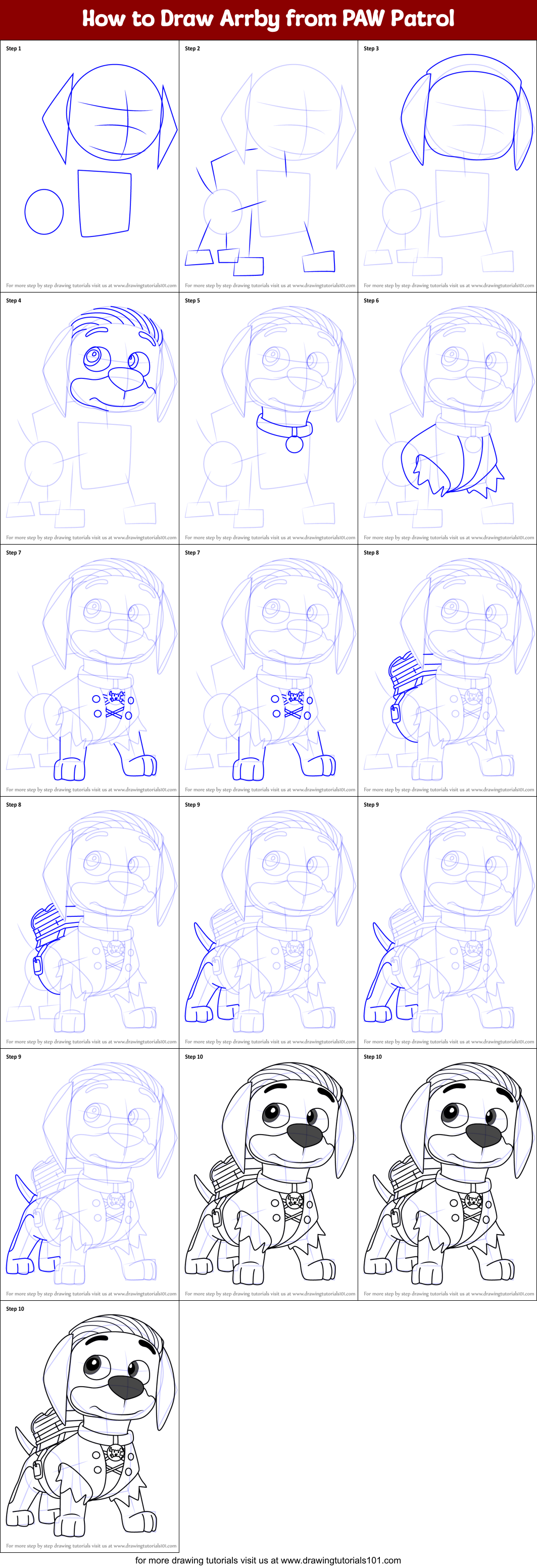 How to Draw Arrby from PAW Patrol printable step by step drawing sheet