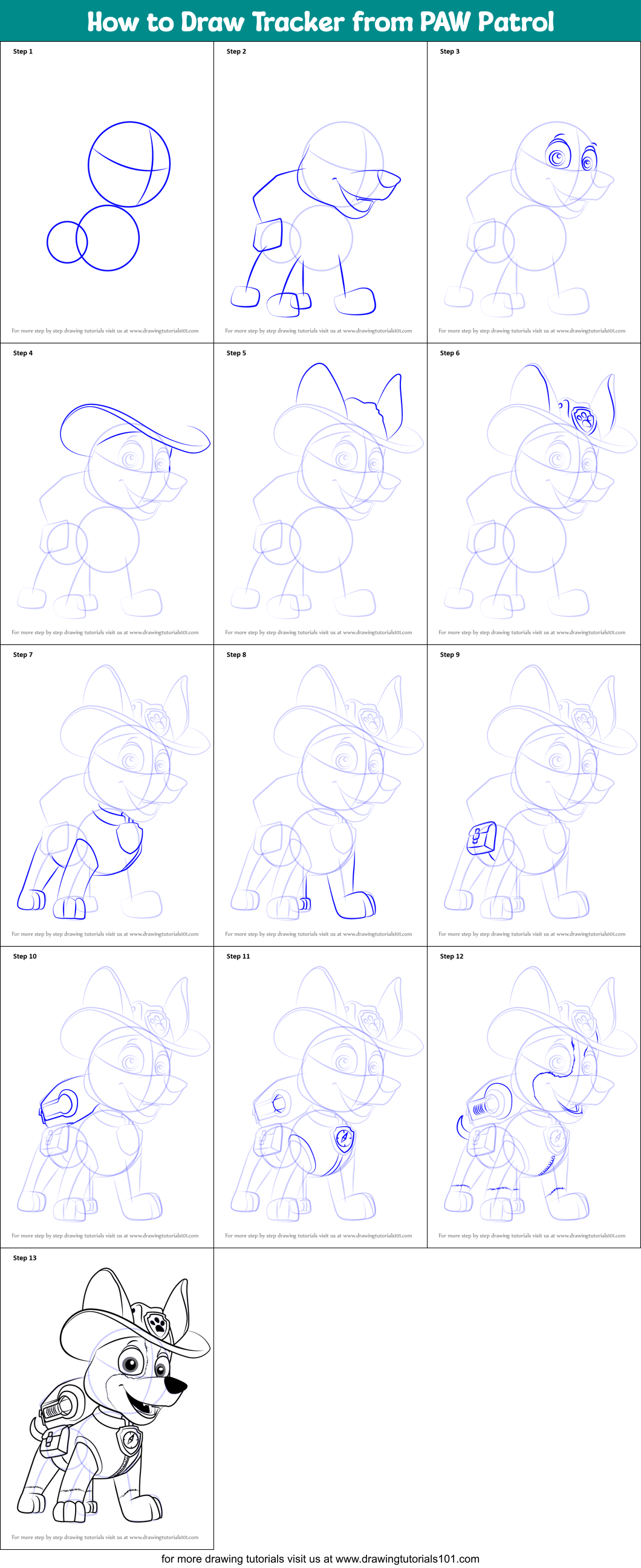 How to Draw Tracker from PAW Patrol printable step by step drawing