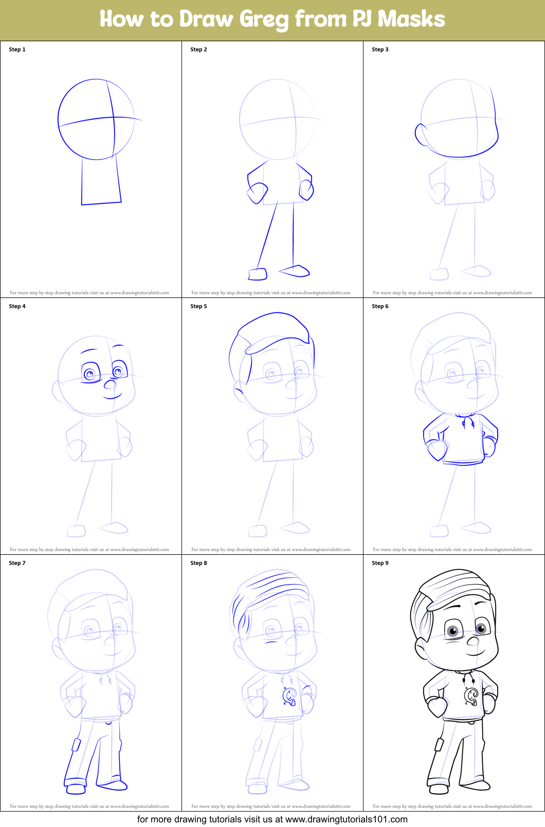 How to Draw Greg from PJ Masks printable step by step drawing sheet