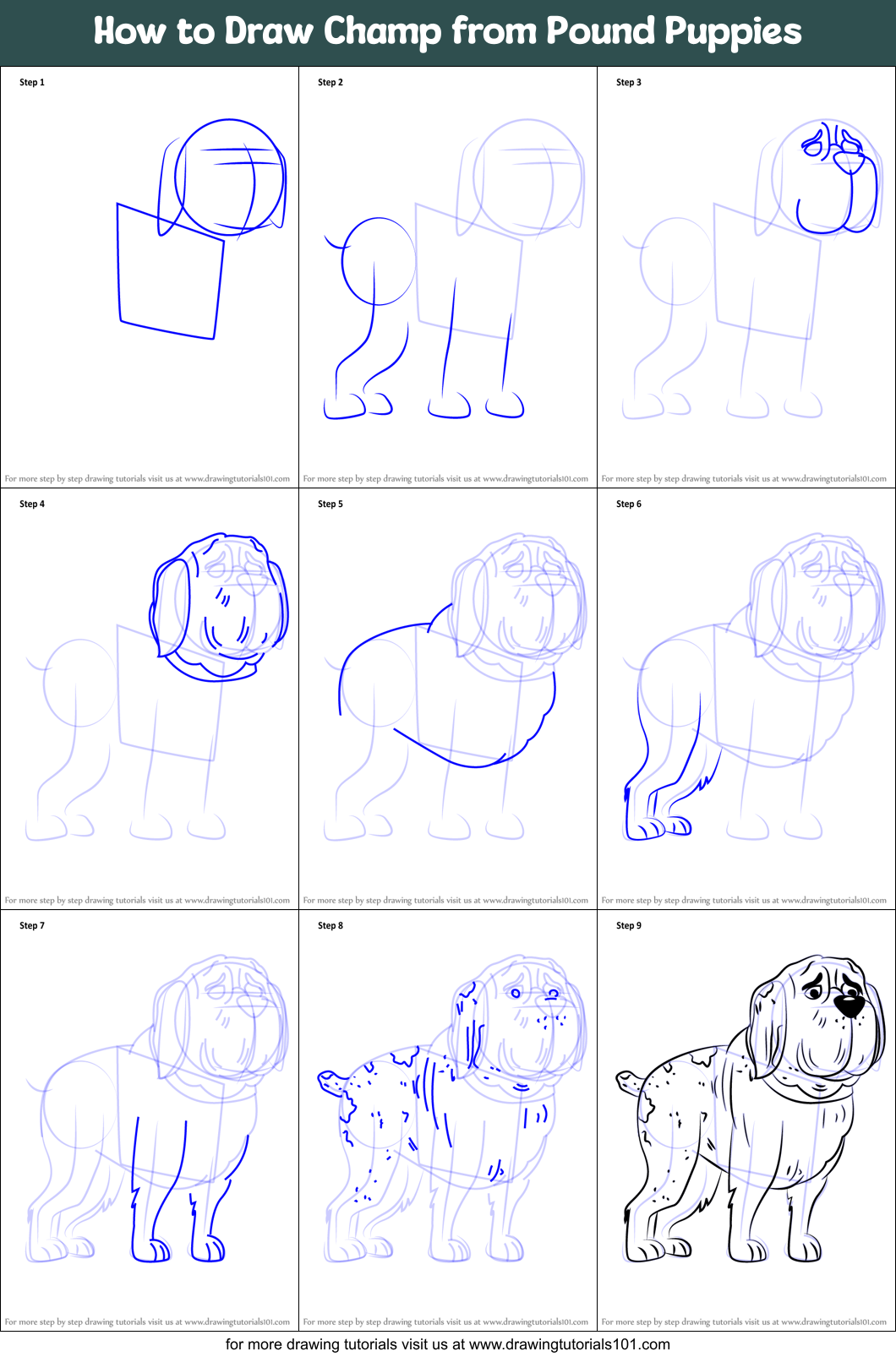 How to Draw Champ from Pound Puppies printable step by step drawing ...