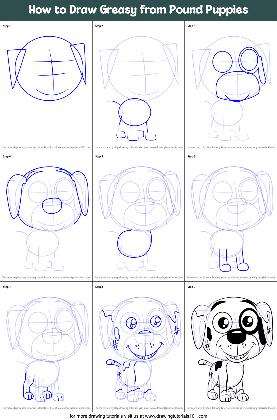 How to Draw Greasy from Pound Puppies printable step by step drawing ...