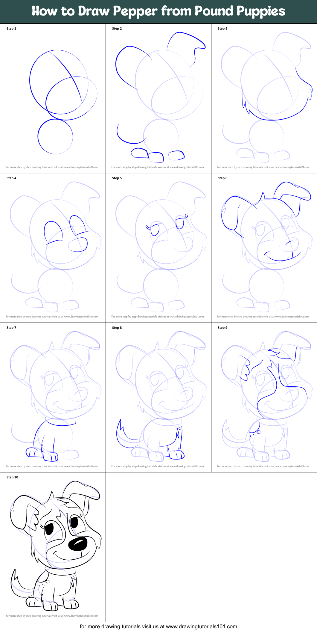 How to Draw Pepper from Pound Puppies printable step by step drawing ...