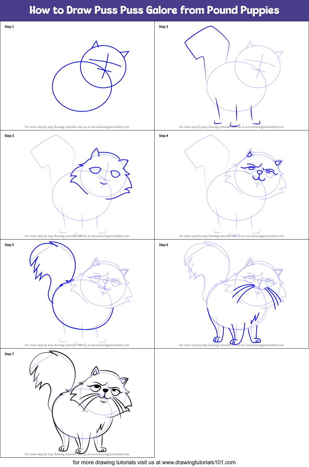 How to Draw Puss Puss Galore from Pound Puppies printable step by step ...