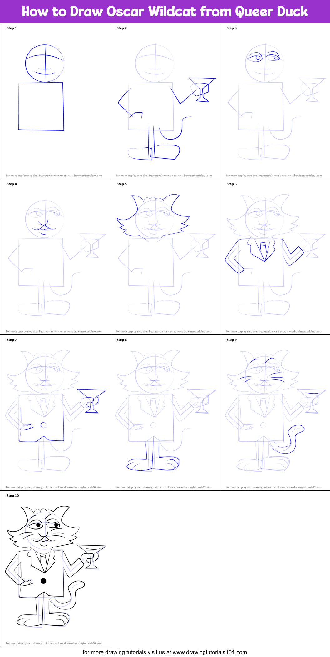 How to Draw Oscar Wildcat from Queer Duck printable step by step ...