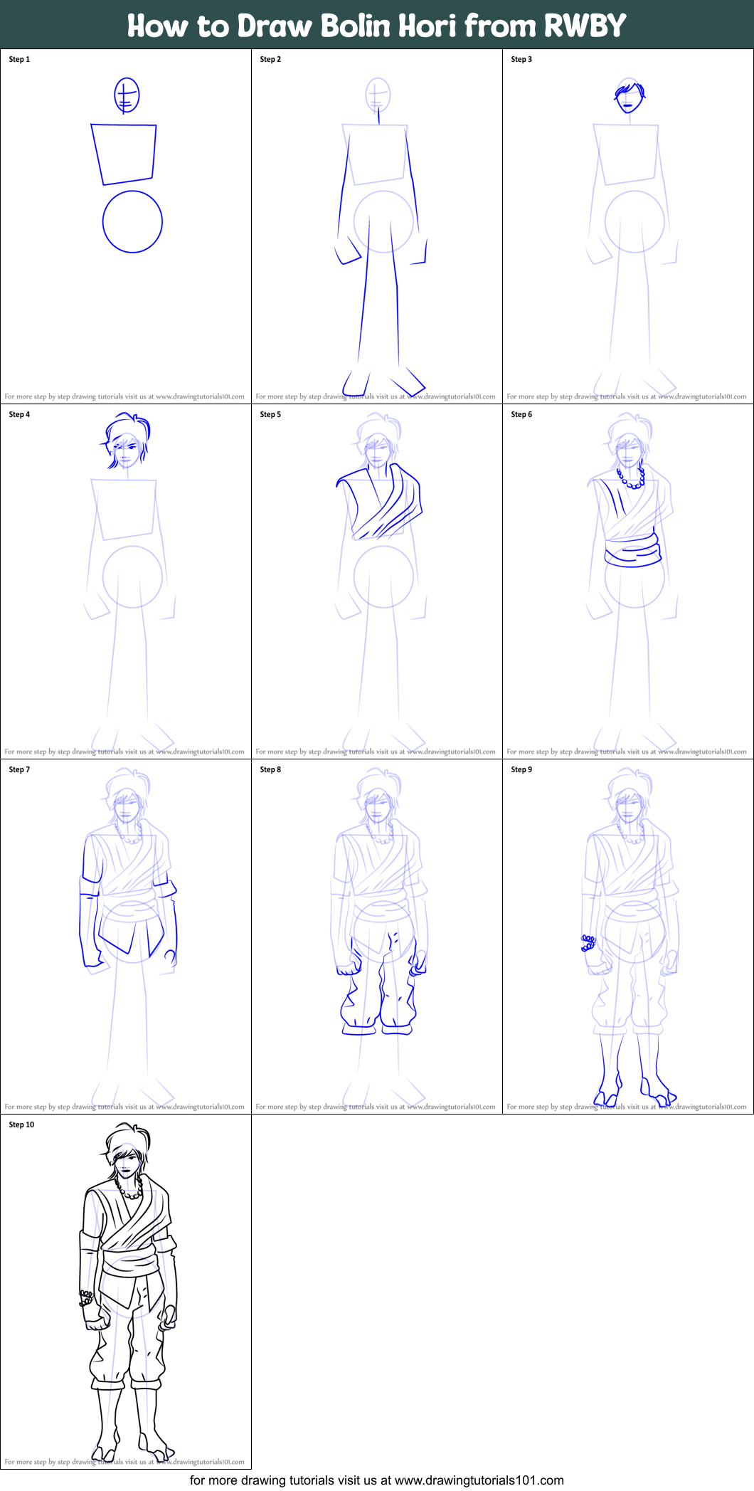 How to Draw Bolin Hori from RWBY printable step by step drawing sheet ...