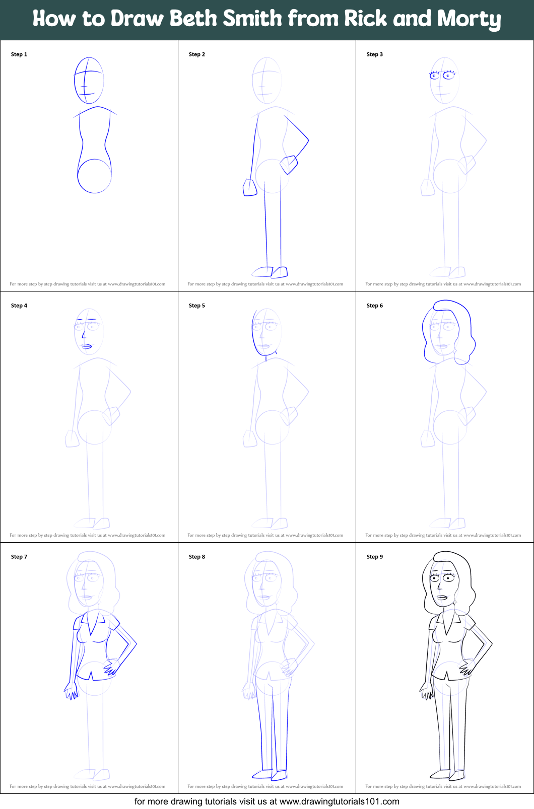 How to Draw Beth Smith from Rick and Morty printable step by step ...