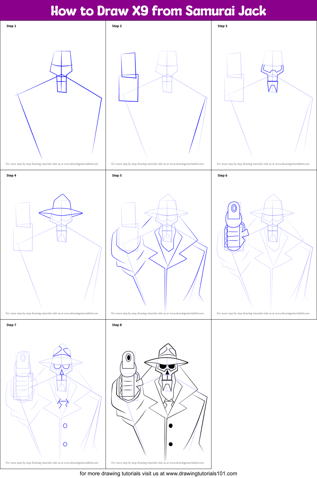 How to Draw X9 from Samurai Jack printable step by step drawing sheet ...