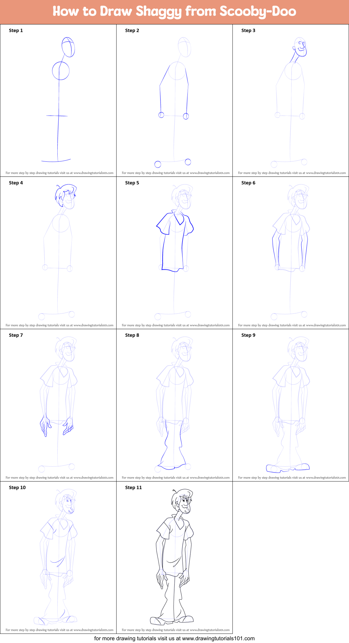 How to Draw Shaggy from ScoobyDoo printable step by step drawing sheet