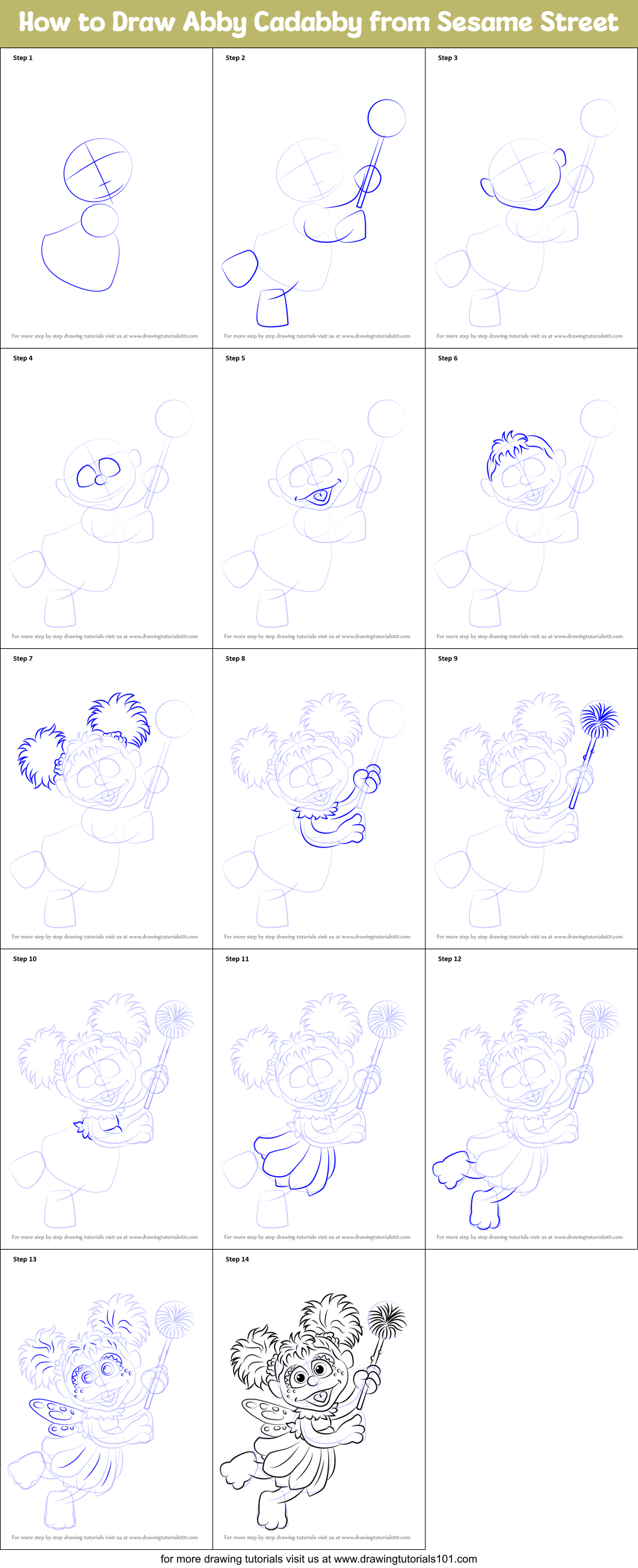 How to Draw Abby Cadabby from Sesame Street printable step by step