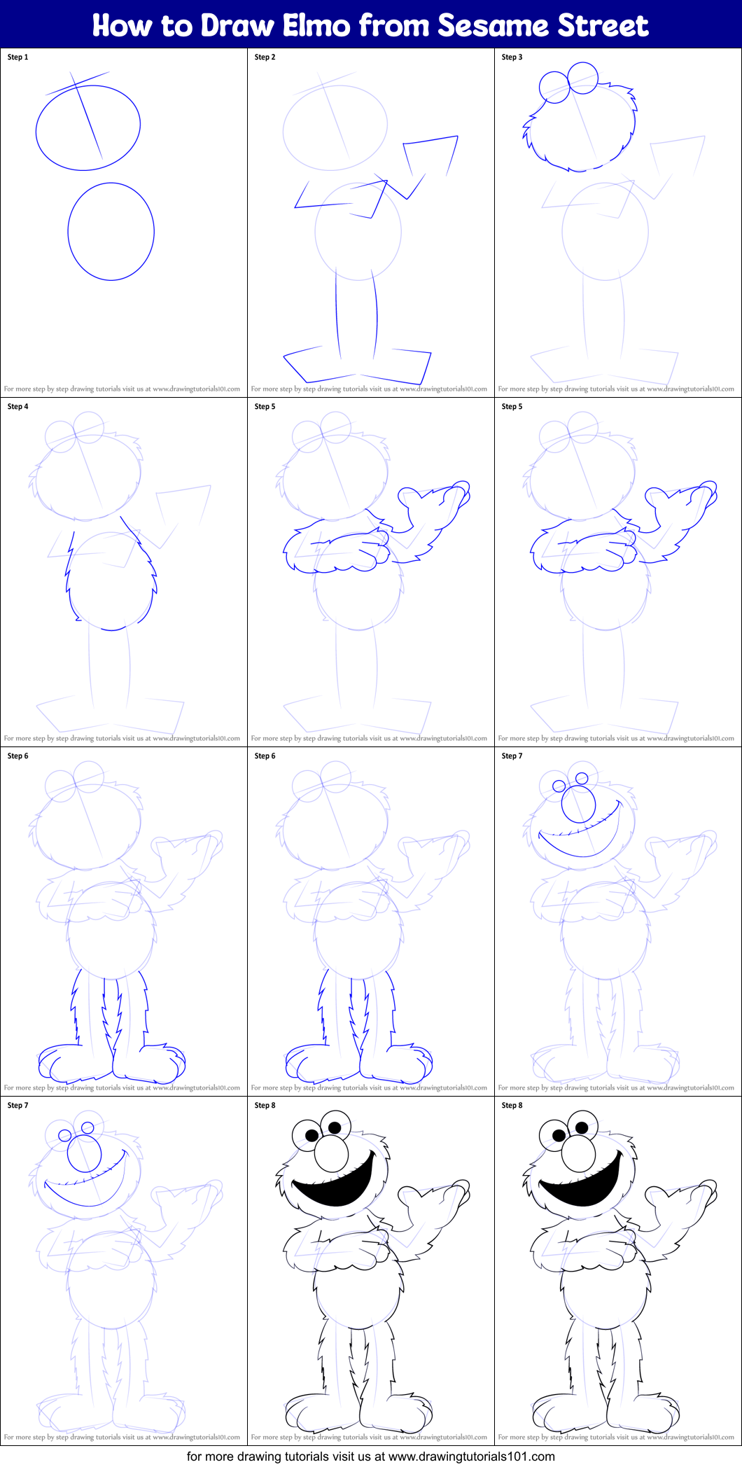 How to Draw Elmo from Sesame Street printable step by step drawing