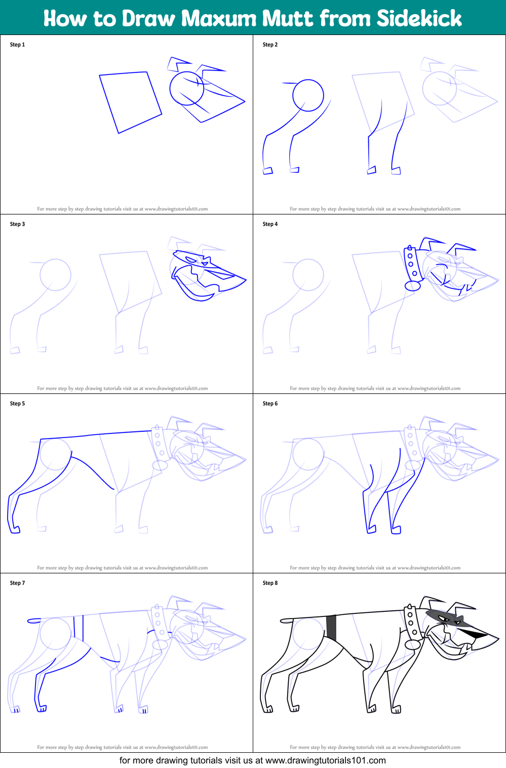 How to Draw Maxum Mutt from Sidekick printable step by step drawing ...