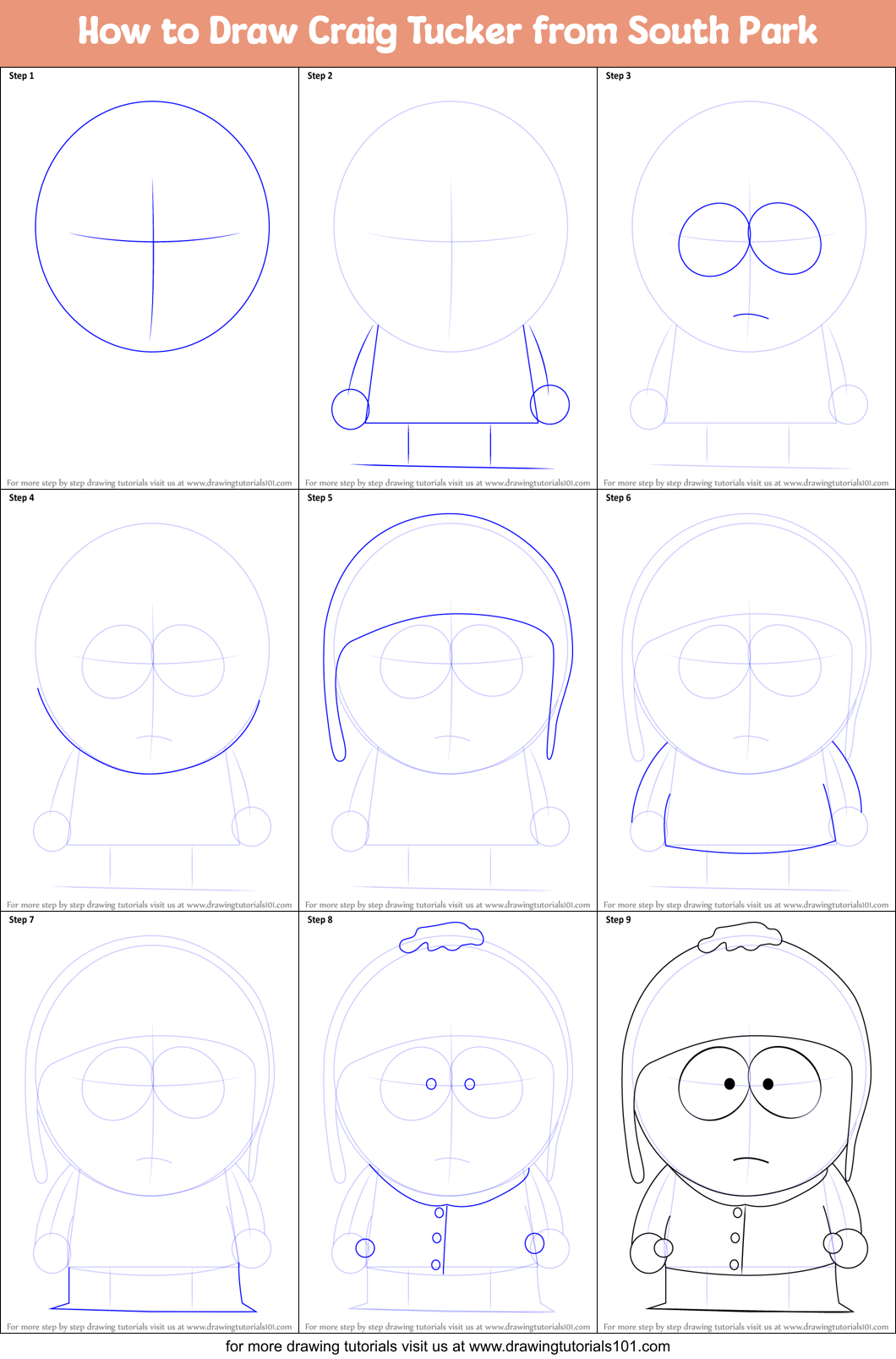 How to Draw Craig Tucker from South Park printable step by step drawing
