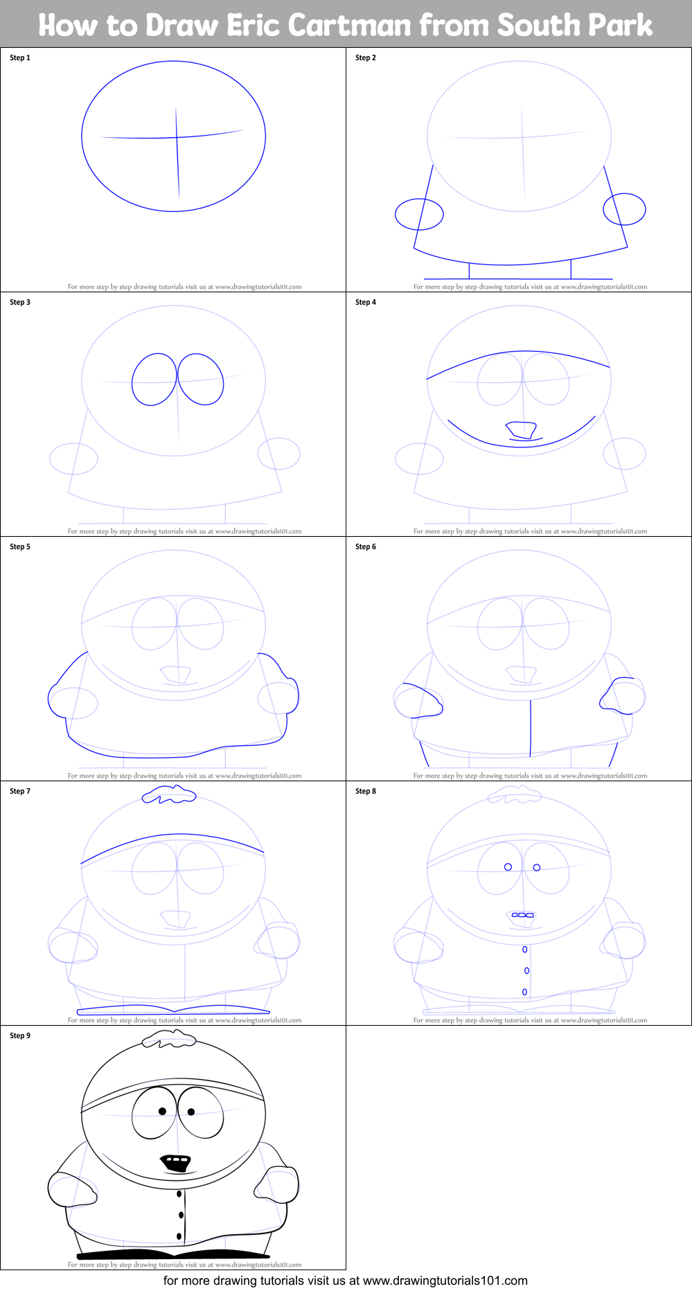 How to Draw Eric Cartman from South Park printable step by step drawing
