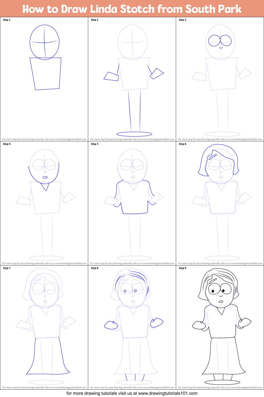 How to Draw Linda Stotch from South Park printable step by step drawing ...