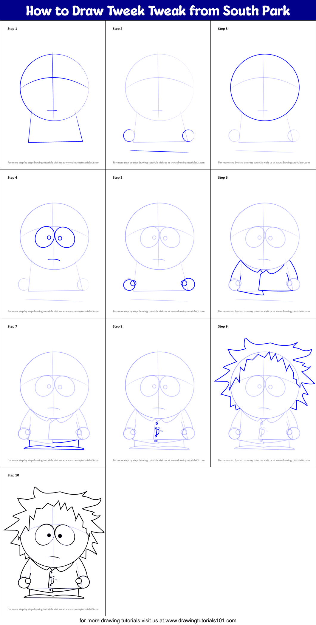 How to Draw Tweek Tweak from South Park printable step by step drawing