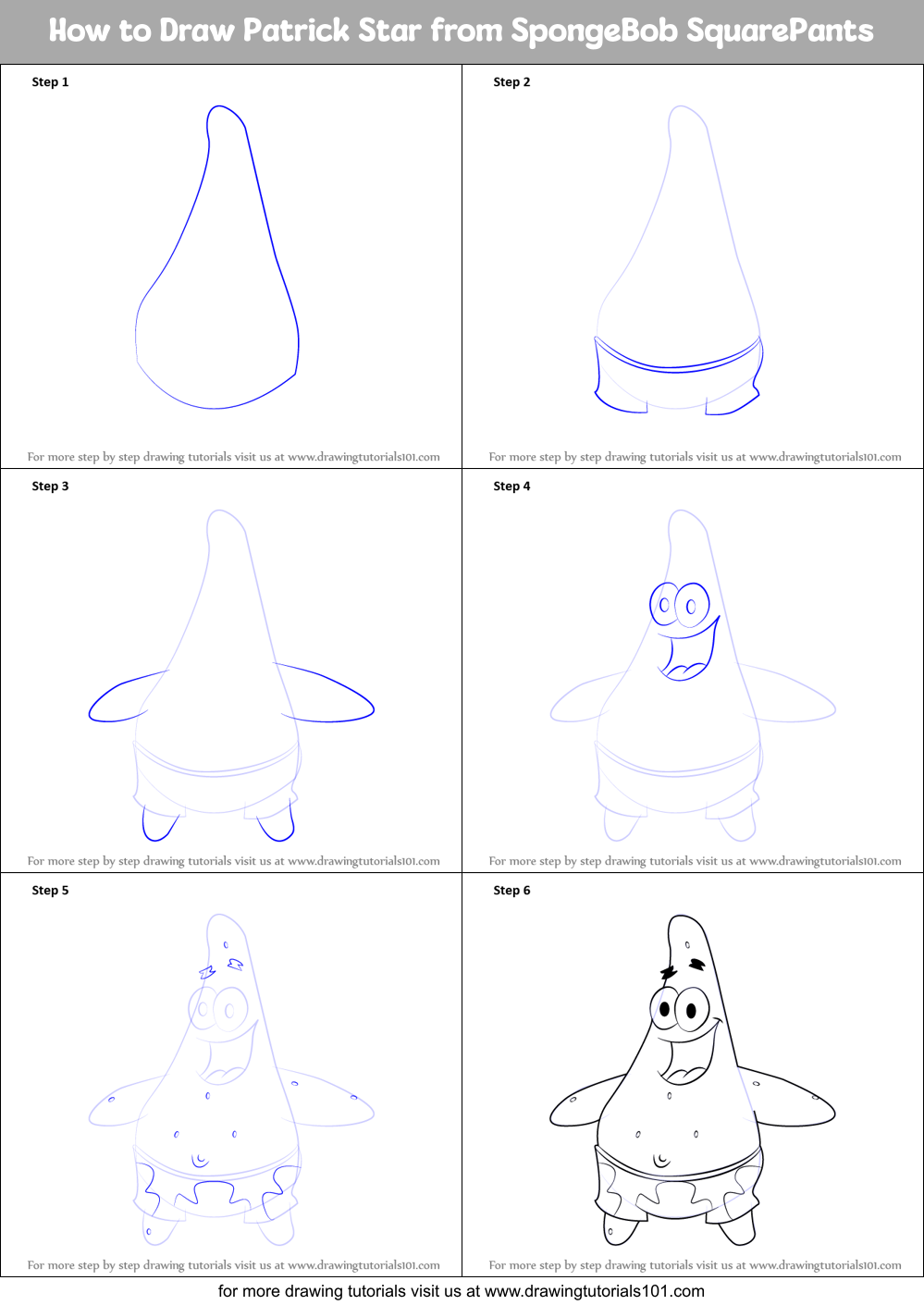 How to Draw Patrick Star from SpongeBob SquarePants printable step by