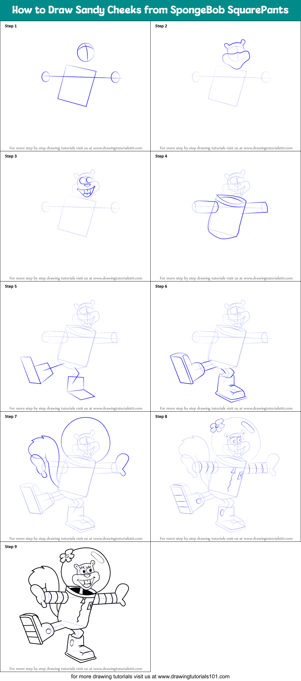 How to Draw Sandy Cheeks from SpongeBob SquarePants printable step by