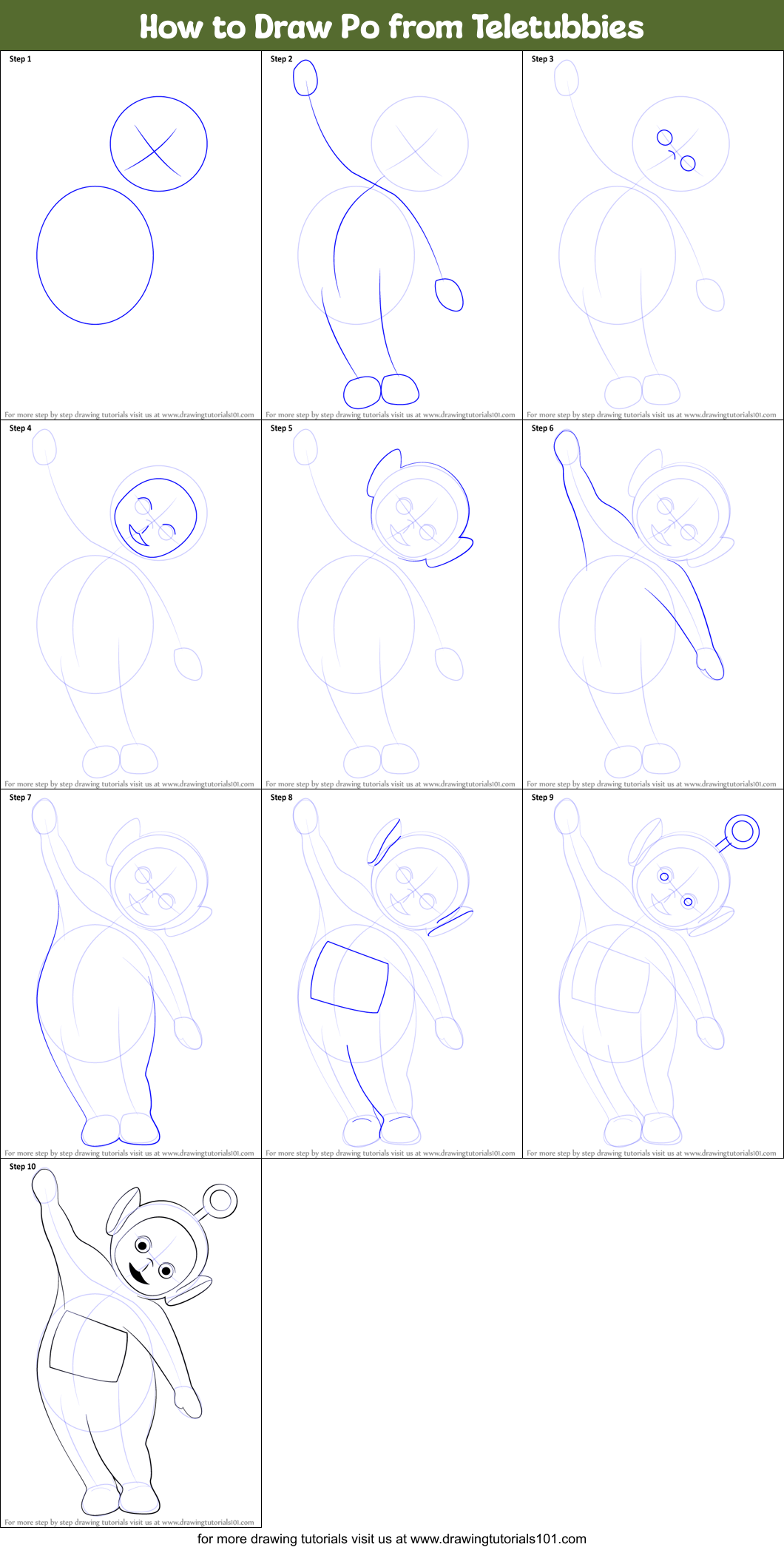How to Draw Po from Teletubbies printable step by step drawing sheet