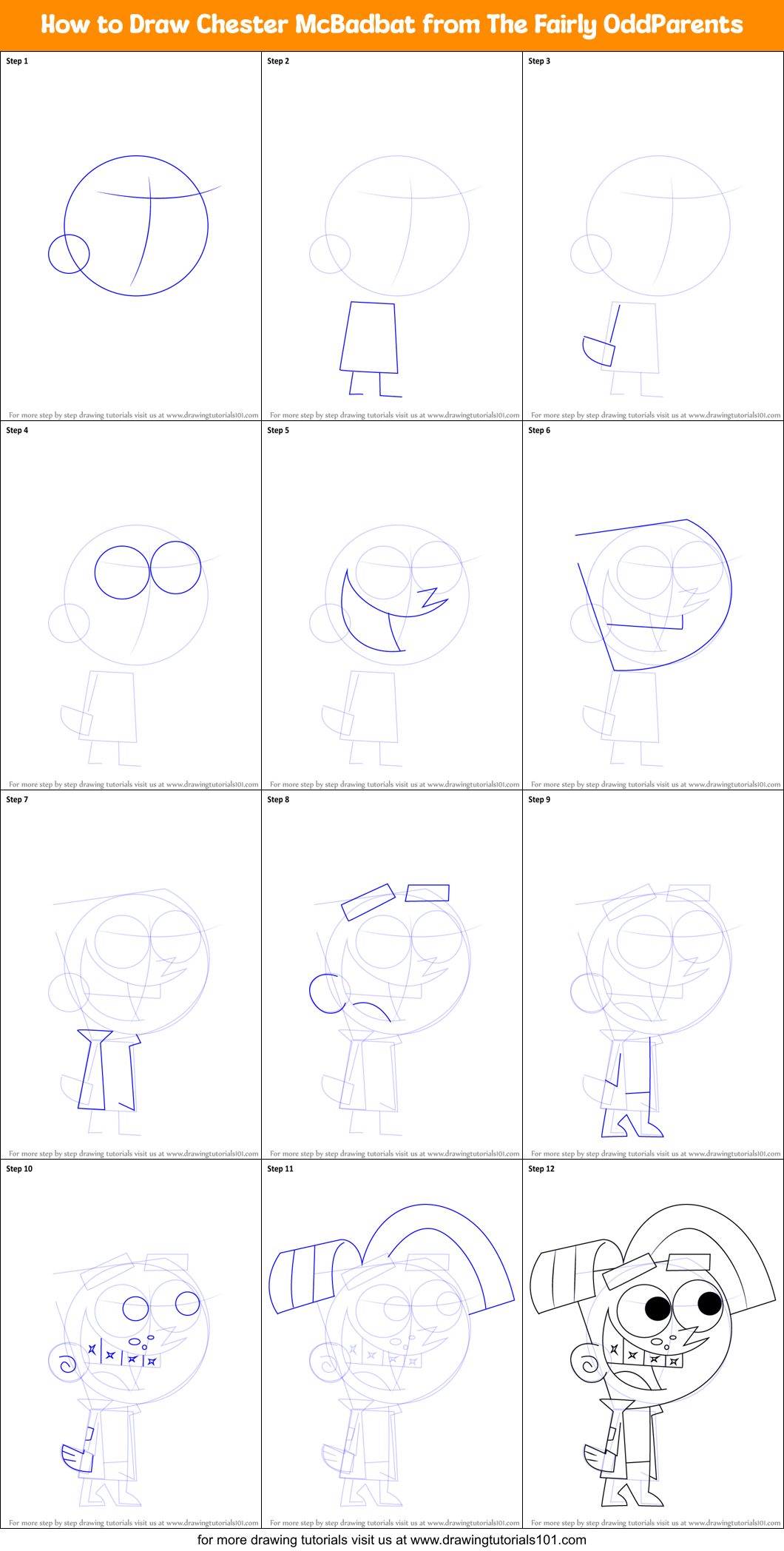 How To Draw Chester Mcbadbat From The Fairly Oddparents Printable Step 