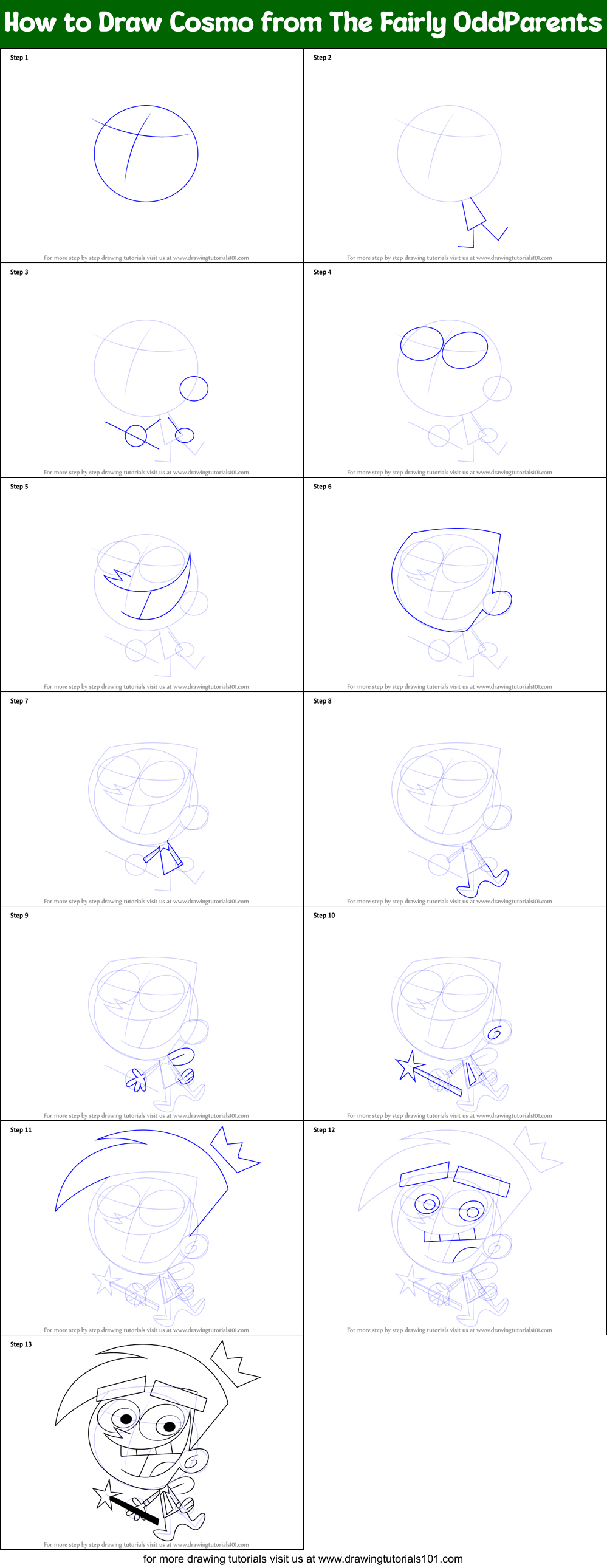 How to Draw Cosmo from The Fairly OddParents printable step by step