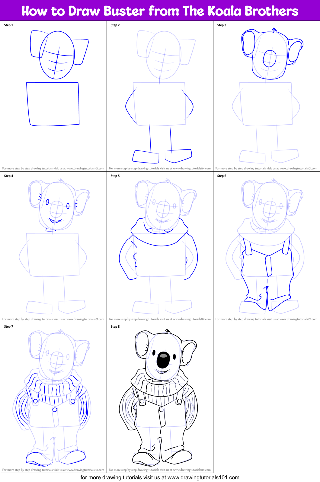 How to Draw Buster from The Koala Brothers printable step by step