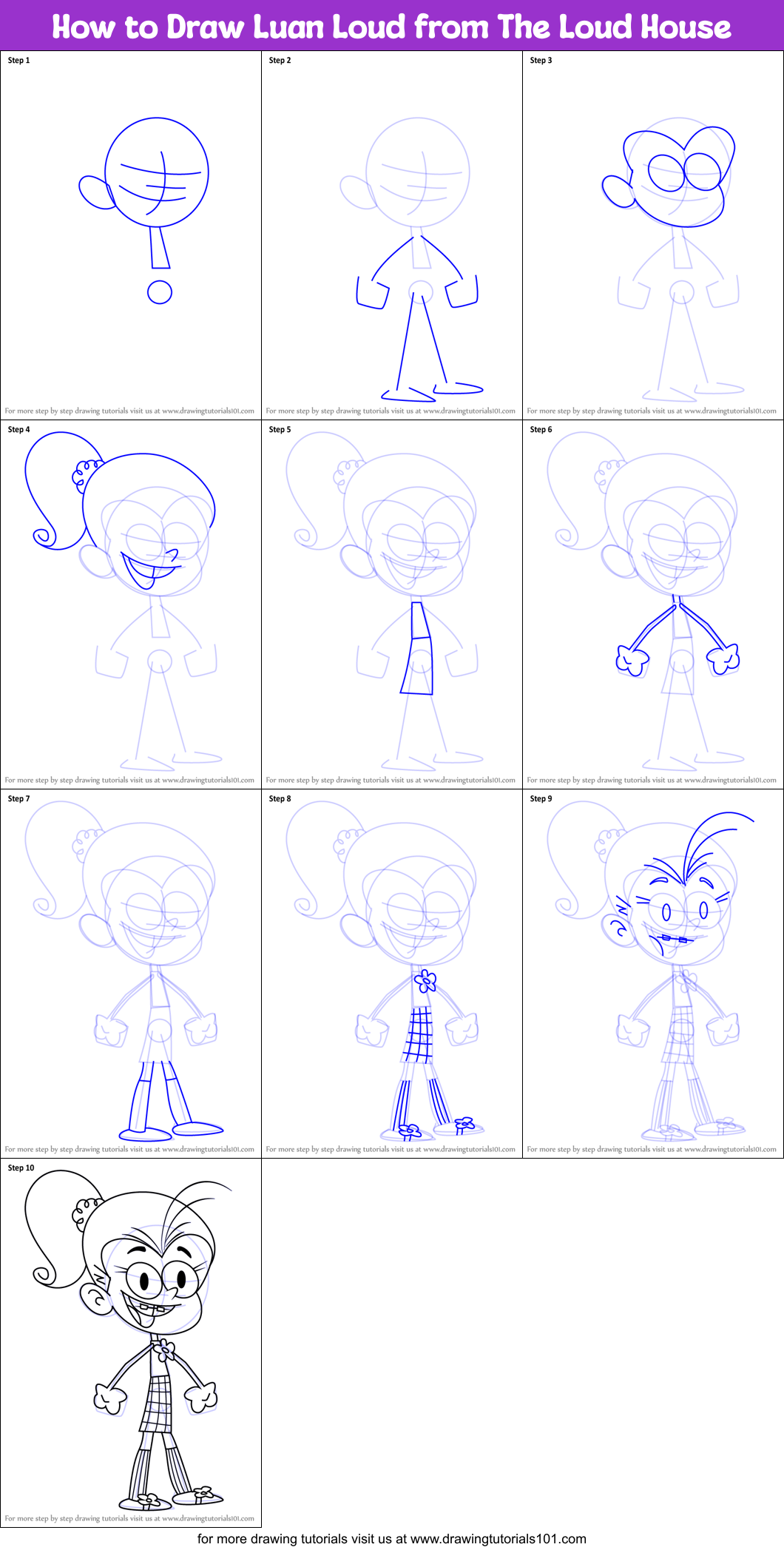 How to Draw Luan Loud from The Loud House printable step by step