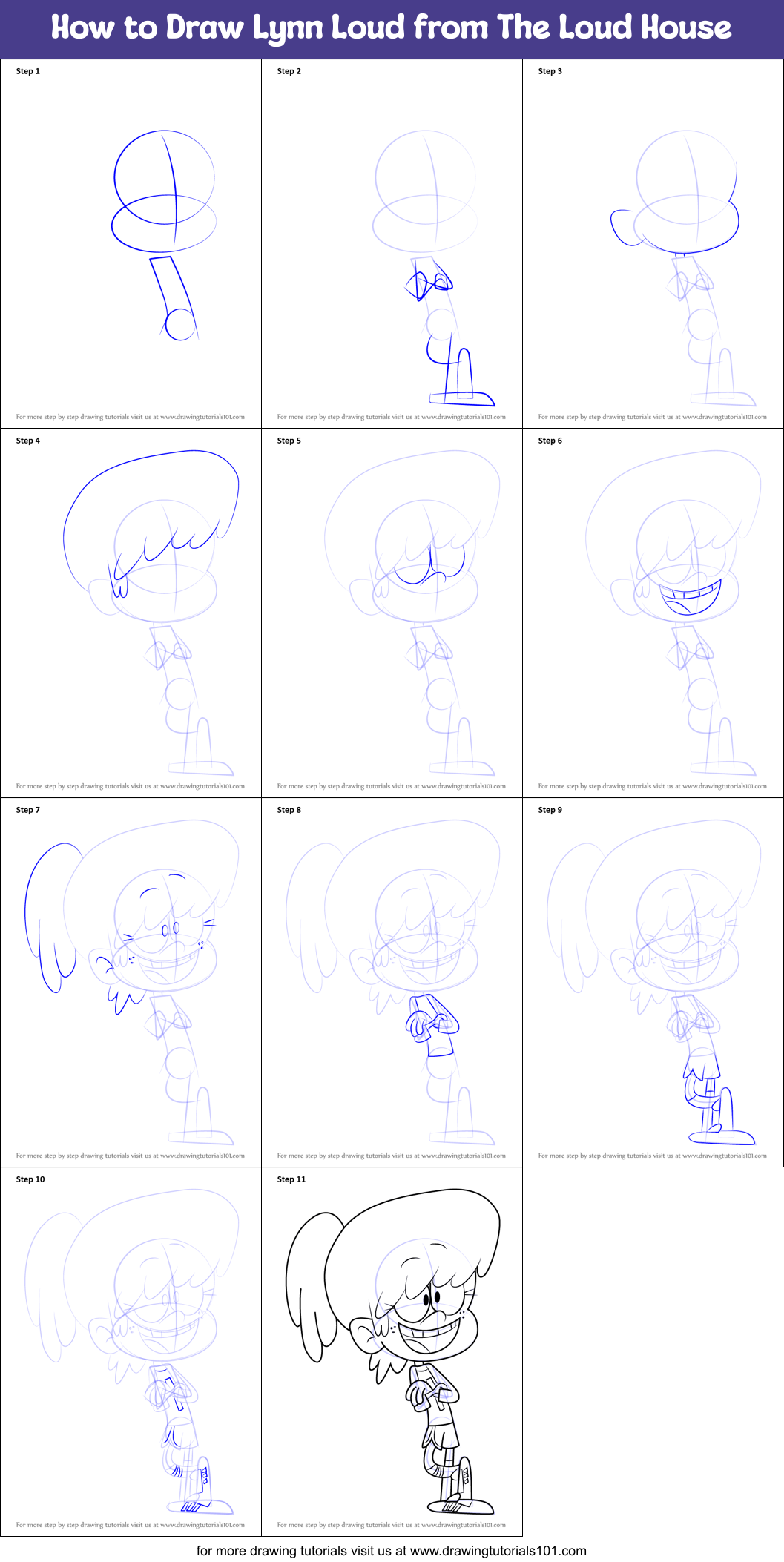 How to Draw Lynn Loud from The Loud House printable step by step drawing sheet