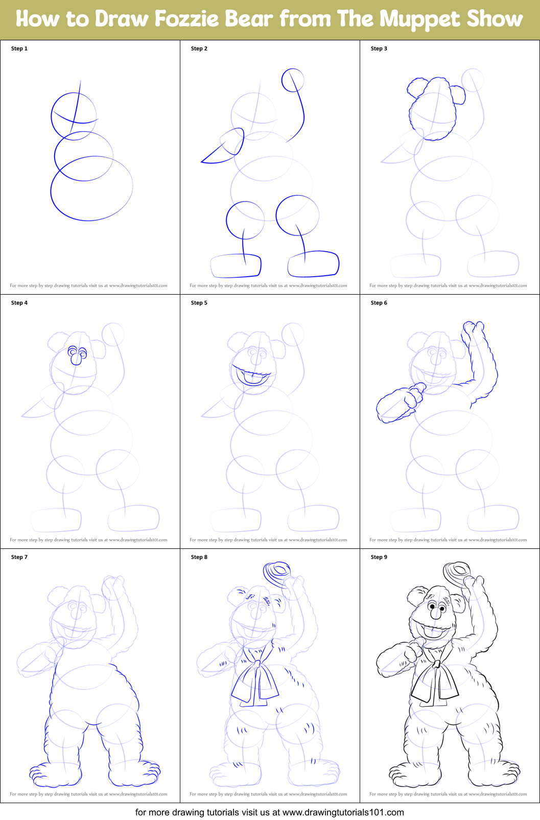 How to Draw Fozzie Bear from The Muppet Show printable step by step