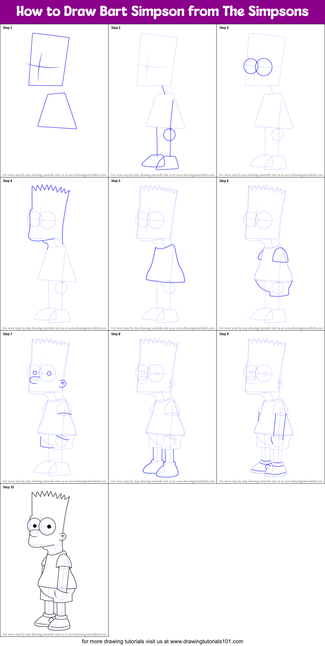 How to Draw Bart Simpson from The Simpsons printable step by step