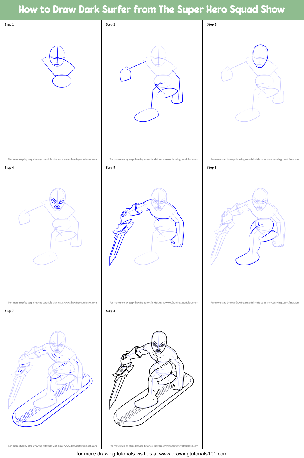 How to Draw Dark Surfer from The Super Hero Squad Show printable step ...