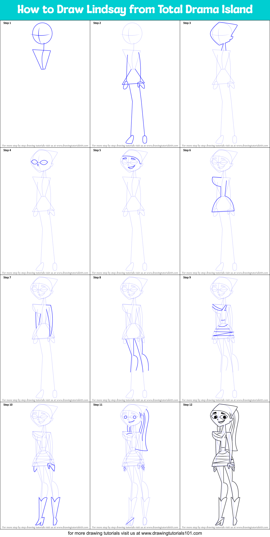 How to Draw Lindsay from Total Drama Island printable step by step