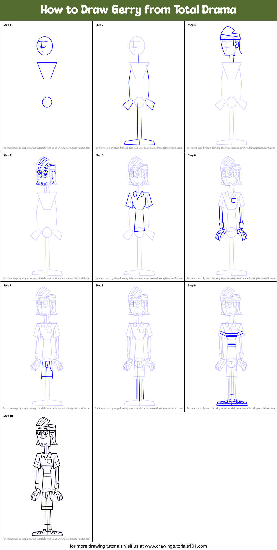 How to Draw Gerry from Total Drama printable step by step drawing sheet ...