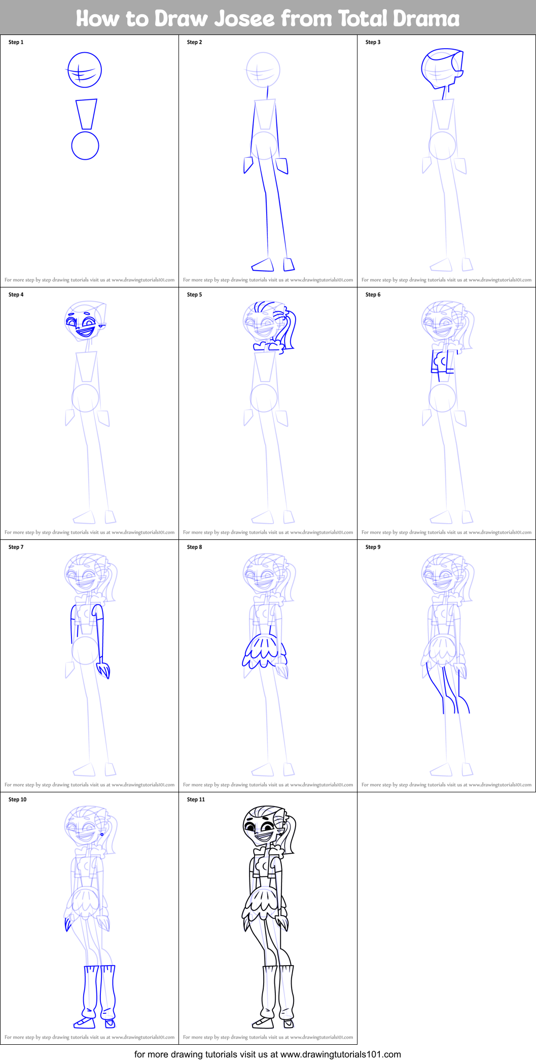 How to Draw Josee from Total Drama printable step by step drawing sheet