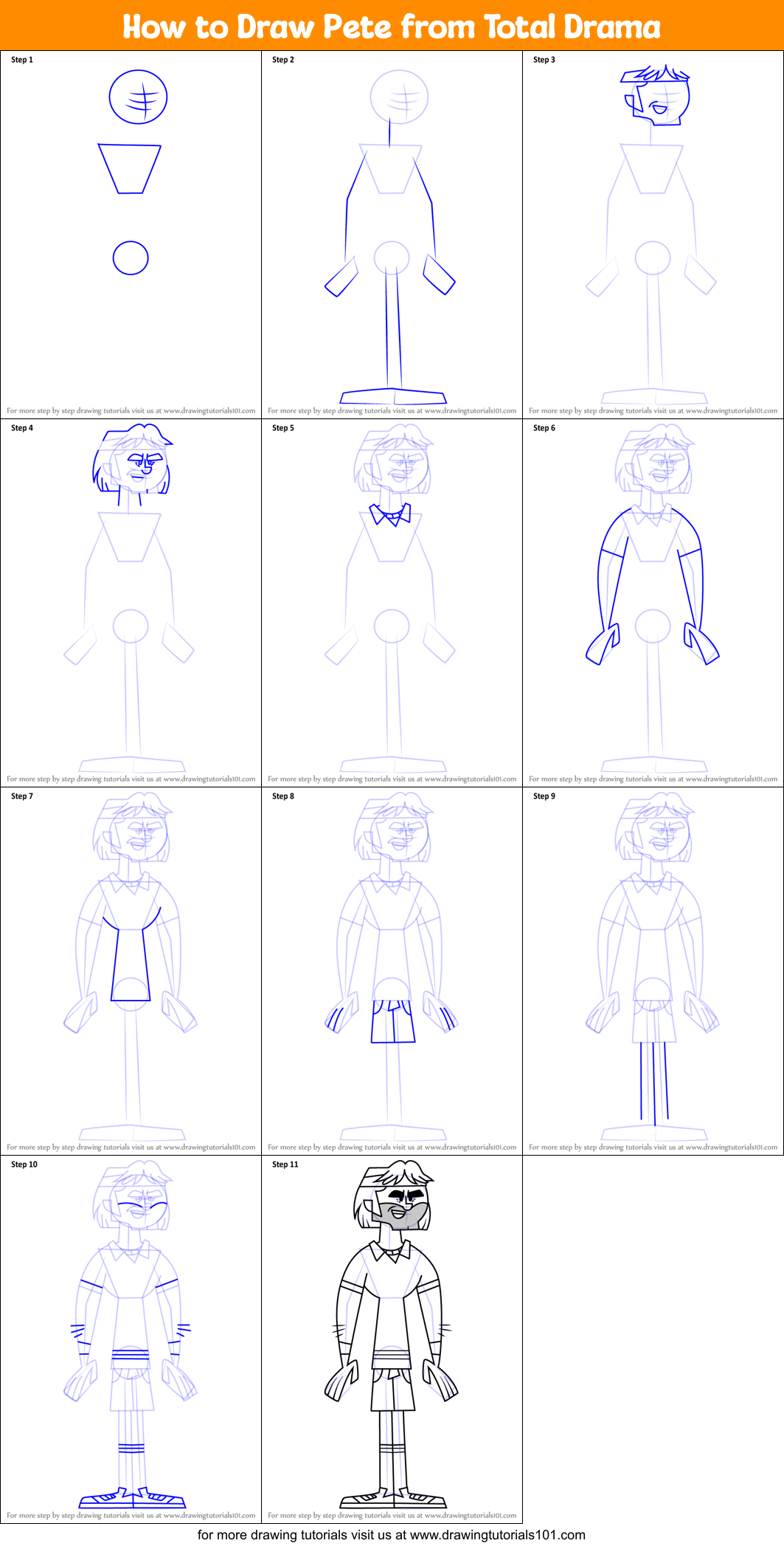 How to Draw Pete from Total Drama printable step by step drawing sheet ...