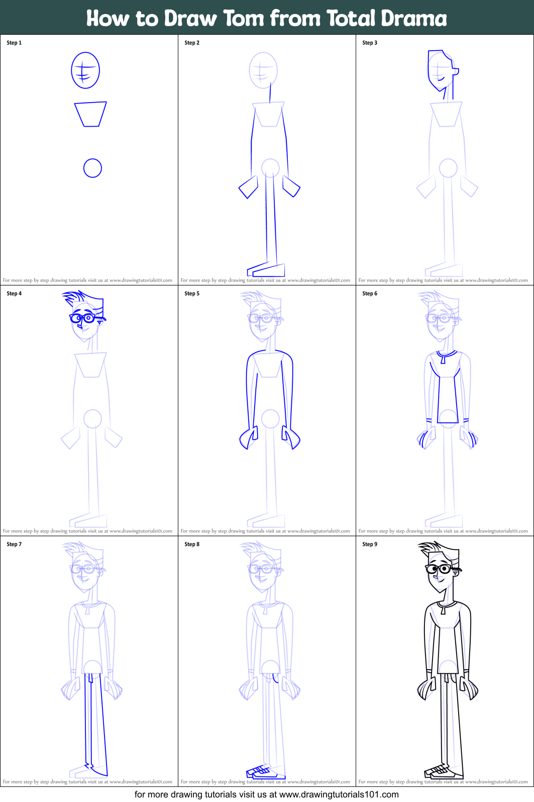 How to Draw Tom from Total Drama printable step by step drawing sheet ...