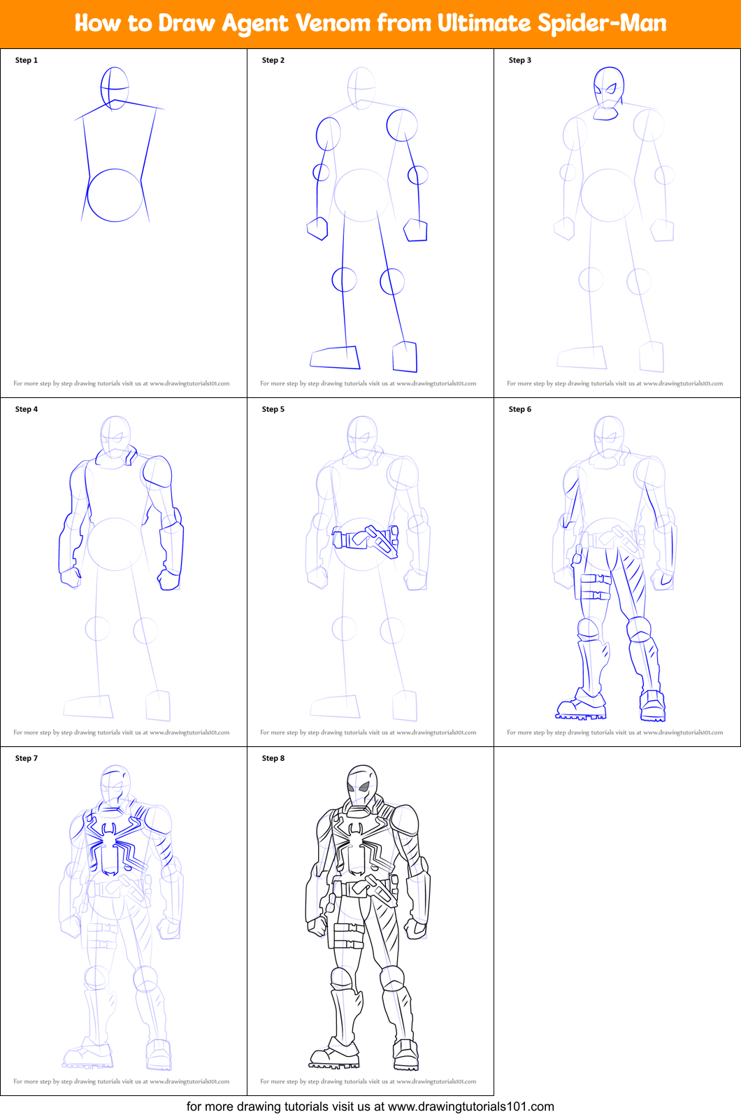How to Draw Agent Venom from Ultimate Spider-Man printable step by step