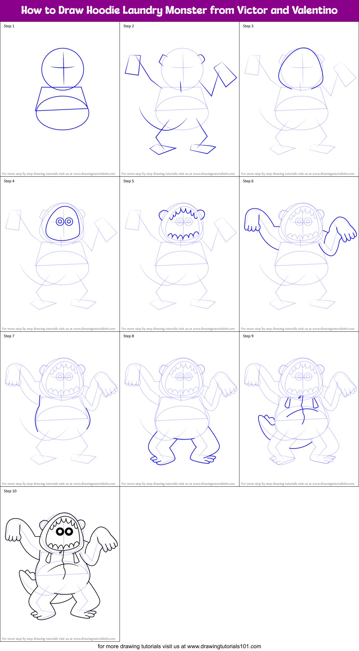 How to Draw Hoodie Laundry Monster from Victor and Valentino printable ...