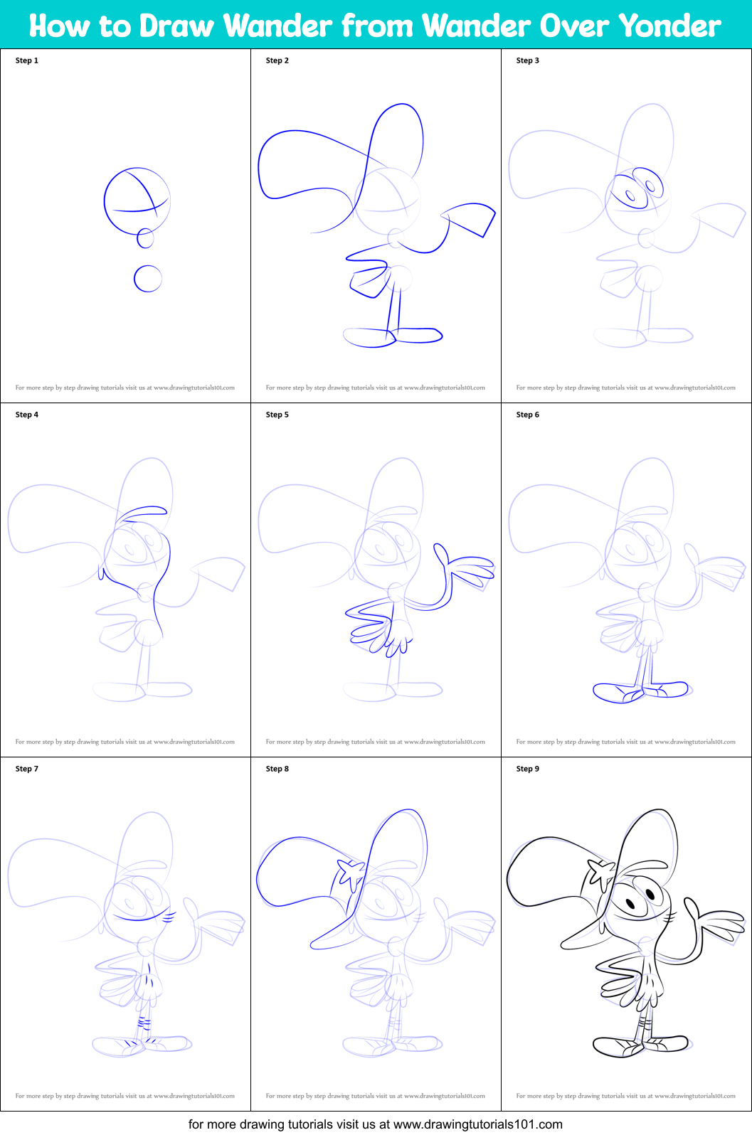 How to Draw Wander from Wander Over Yonder printable step by step