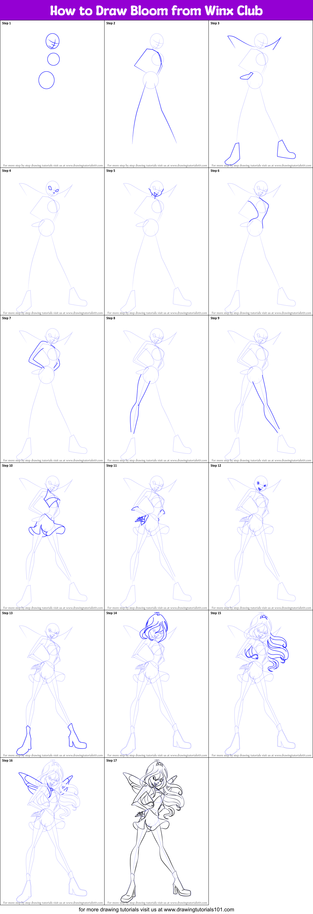 How to Draw Bloom from Winx Club printable step by step drawing sheet